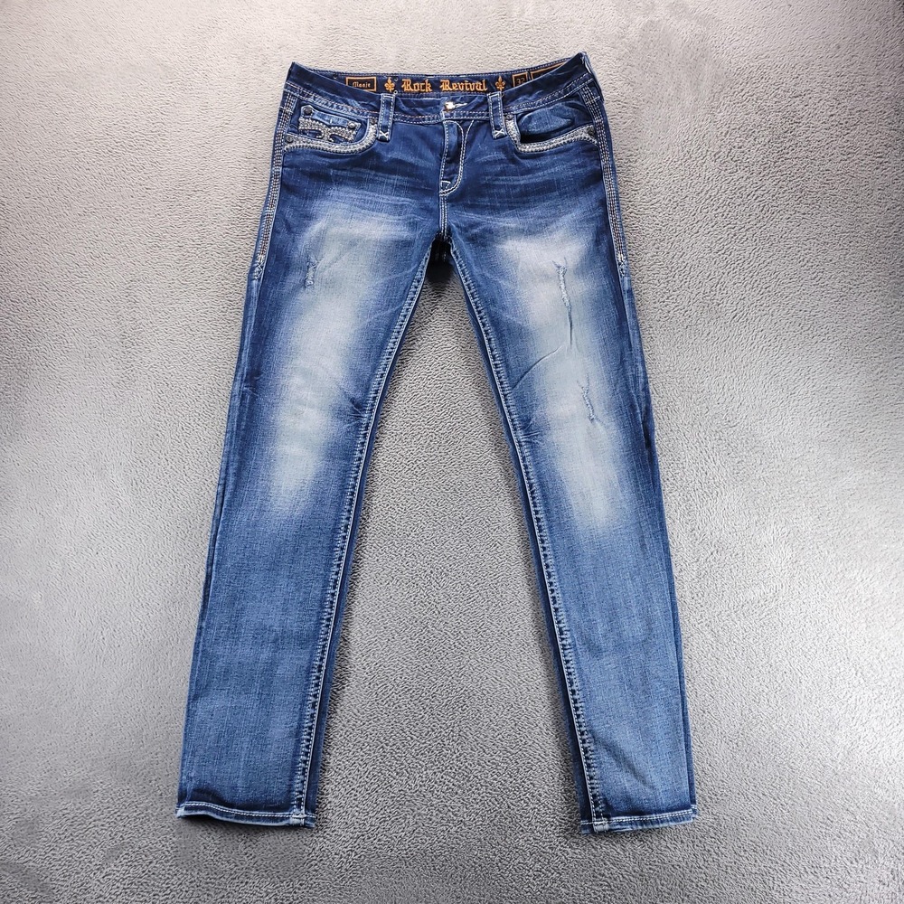 Rock Revival Jeans Womens 32 Blue Straight Mid Rise Studded Flap Pockets